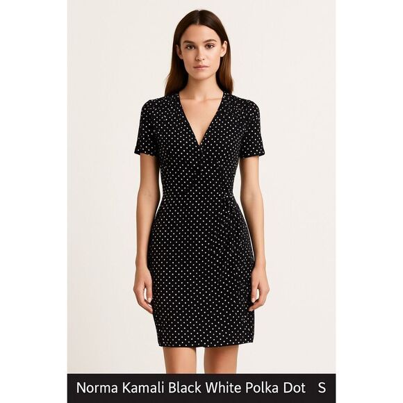 Norma Kamali Black White Polka Dot Faux Wrap Dress S Stretch Retro Style Deep V - Picture 2 of 6